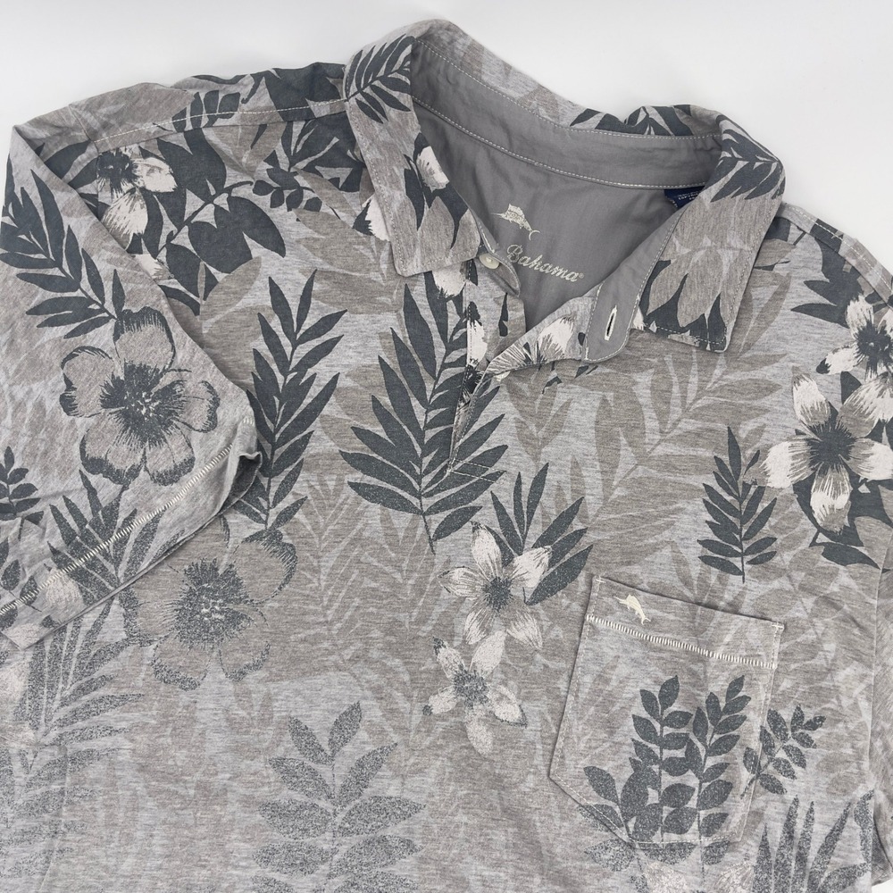 Tommy Bahama Gray Floral Hawaiian Tropical‎ Palm Leaf Print Polo Shirt XL